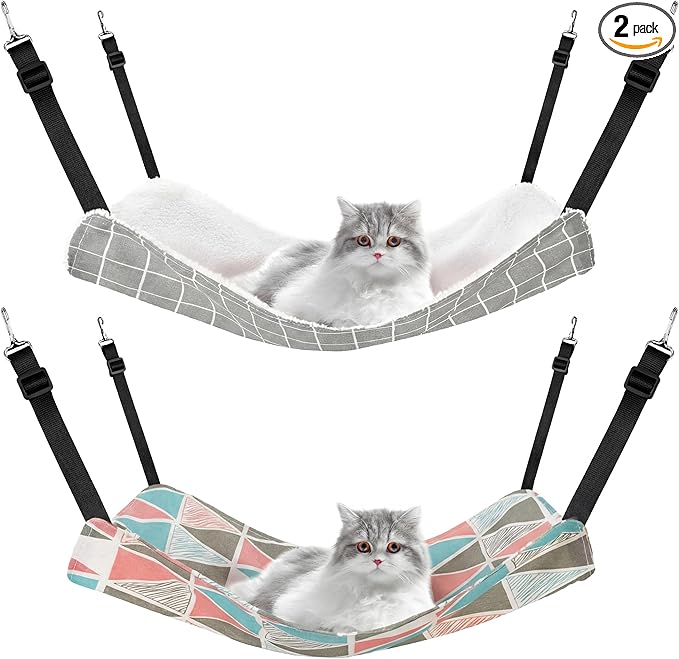 Jetec 2 Pack Cat Hammock for Cage, Catio Accessories Reversible Soft Cats Bed with Adjustable Straps and Hooks Double-Sided Linen and Fleece Hanging Hammock for Cats, Kitten(Geometry Pattern,M)