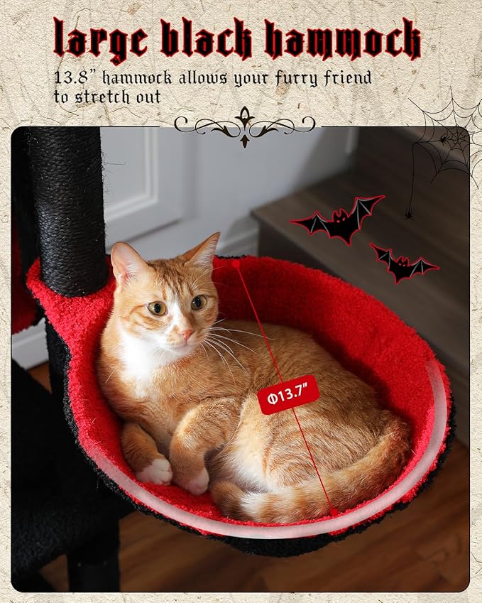 MUTTROS 59" Gothic Cat Tree with Coffin Bed-Black Cat Tower for Indoor Cats with Spacious Cat Condo & Cozy Hammock, Spider Hanging Balls, Sisal Scratching Post and 2 Spooky Perches for Halloween