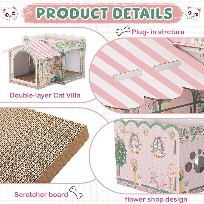 Lineshading 2 Story Cardboard Cat House with Scratcher Pad, Multi Level Durable Cat Scratcher House for Small Kitten Bunny Rabbit Animals Christmas Birthday Gift(17x12x10,Florist)