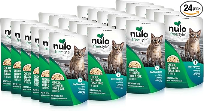 Nulo Freestyle Cat & Kitten Wet Cat Food - Chicken, Tuna & Duck in Broth, Grain-Free, High Protein Soft Food Topper Treat, 2.8oz Pouches (Pack of 24)