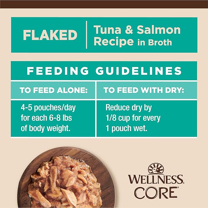 Wellness CORE Tiny Tasters Flaked Adult Wet Cat Food, Natural, Protein Rich, Grain Free, Tuna and Salmon Recipe, 1.75 oz, Pack of 12 Pouches