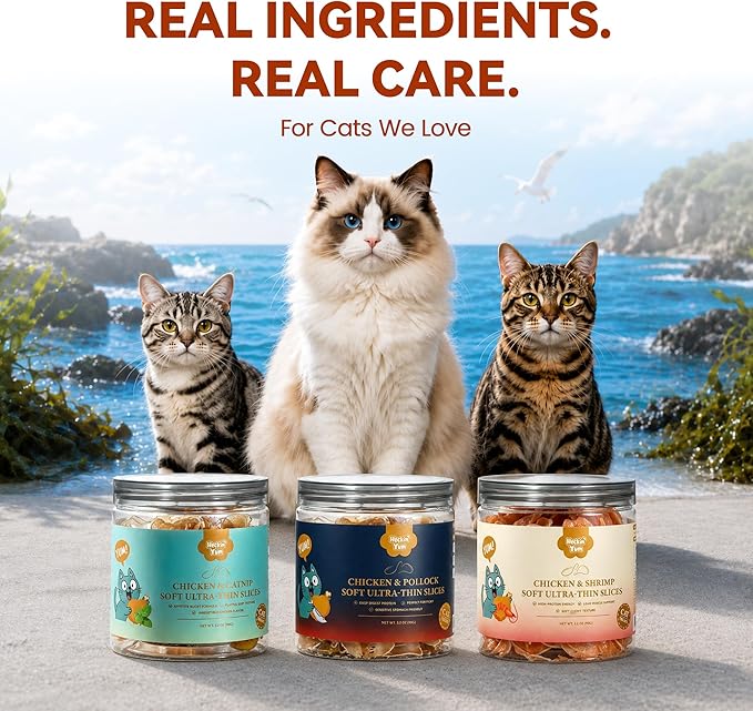 Soft Cat Treats, Chicken & Shrimp Ultra-Thin Slices, Easy-Chew Snacks for Picky Cats, Kittens & Seniors, Low-Fat Treats with Taurine, 3.2 oz