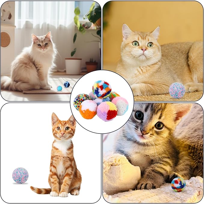 8 Pcs Woolen Yarn Cat Ball Toys Assorted Color Soft Fuzzy Pom Pom Balls Interactive Cat Chasing Toys for Indoor Cats Kittens