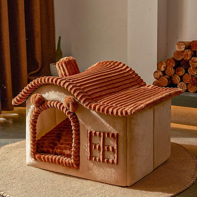 Jiupety Bear Cat Houses for Indoor Cats, Chimney Cute Cat Bed Cave, Enough Interior Space, Cartoon Soft Pet House Up to 3-10 lbs Kitten, Brown