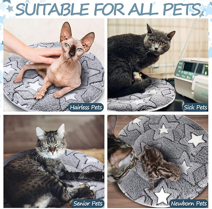 VitalCozy 2 Pack Self Heating Cat Pad Self Heating Cat Bed Machine Washable Heat Pet Mat Reversible Body Thermal Warm Round Dog Bed Crate Blanket for Feral and Indoor Cats(12'',Double Star)