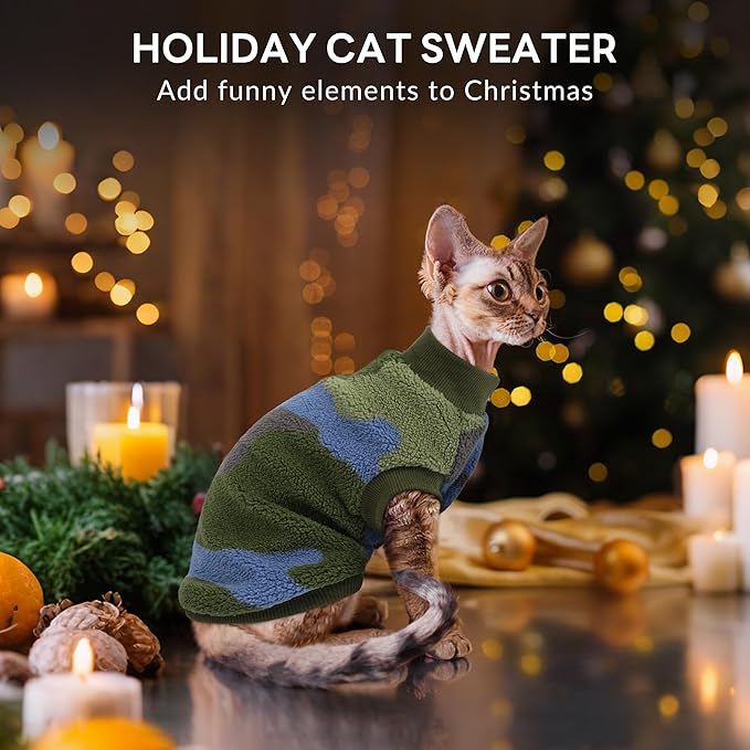 PUMYPOREITY Winter Warm Cat Sweater - Super Soft & Elastic Knit with Plush Fleece, Easy-On Design with Ribbed Neck & Cuffs, Stretchy Cat Outfit for Indoor/Outdoor Use,Green, L