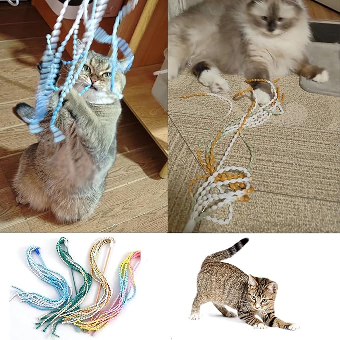 KABASI Cat Wand Toys, 4PCS Interactive Plush Srtip Cats String Teasing Stick with Bells for Kitten, Colorful Sturdy Pole Cat Toys for Having Fun Indoor Playing