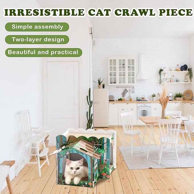 Lineshading 2 Story Cardboard Cat House with Scratcher Pad, Multi Level Durable Cat Scratcher House for Small Kitten Bunny Rabbit Animals Christmas Birthday Gift(17x12x10,Forest)