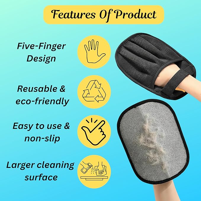 Pet Hair Removal Gloves for Cats & Dogs, Upgraded Five-Finger Electrostatic Reusable Grooming Glove, Static Fur Remover Tool for Couch, Carpet, Furniture, Car Seat & Clothing