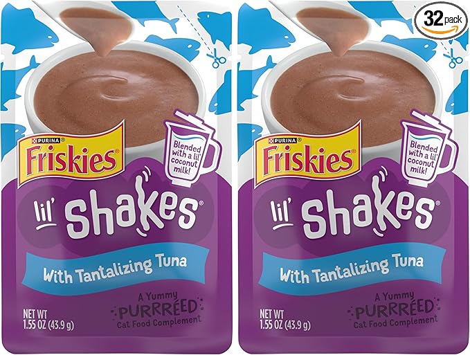 Friskies Purina Pureed Cat Food Topper,Lil’ Shakes with Tantalizing Tuna Lickable Cat Treats - 1.55 oz. Pouches,(Pack of 32)