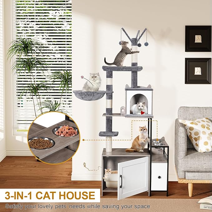 Snughome Cat Tree with Litter Box Enclosure, 3-in-1 Modern Cat Tower for Indoor Cats, 67.32’’ Hidden Cat Litter Box Furniture with Cat Condo, Food Station and Hammocks, All-in-one Cat Furniture
