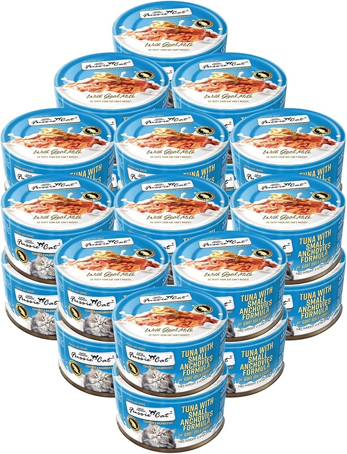 Fussie Cat Super Premium Canned Wet Cat Food in Goat Milk Gravy -2.47 oz Cans - Case of 24 (Tuna & Small Anchovies)