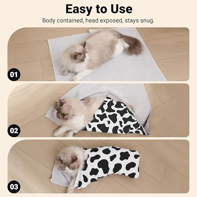 Purrfect Peace Cat Swaddle Wrap – Professional Calming Restraint Bag for Grooming, Nail Trimming & Medicine - Adjustable Cat Restraint for Grooming, Vet Visits (Cow Pattern, M)