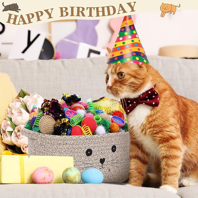 Zopeal 58 Pcs Summer Graduation Cat Storage Basket Gift Toys Set, Colorful Flashing Balls Pet Bell Crinkle Balls Spring Toys Attract Cat to Swat, Hunt, Interactive for Pet(Dark Brown,12 Inch)
