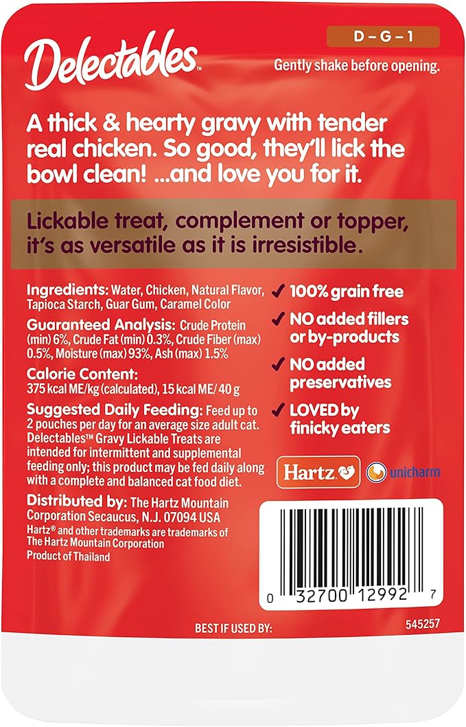 Delectables Lickable Treat Gravy Non-Seafood Wet Cat Treat with Real Chicken, Food Topper, Hydrating, Grain-Free, No Fillers, By-Products, Added Preservatives, 1.4oz Pouch, 12ct