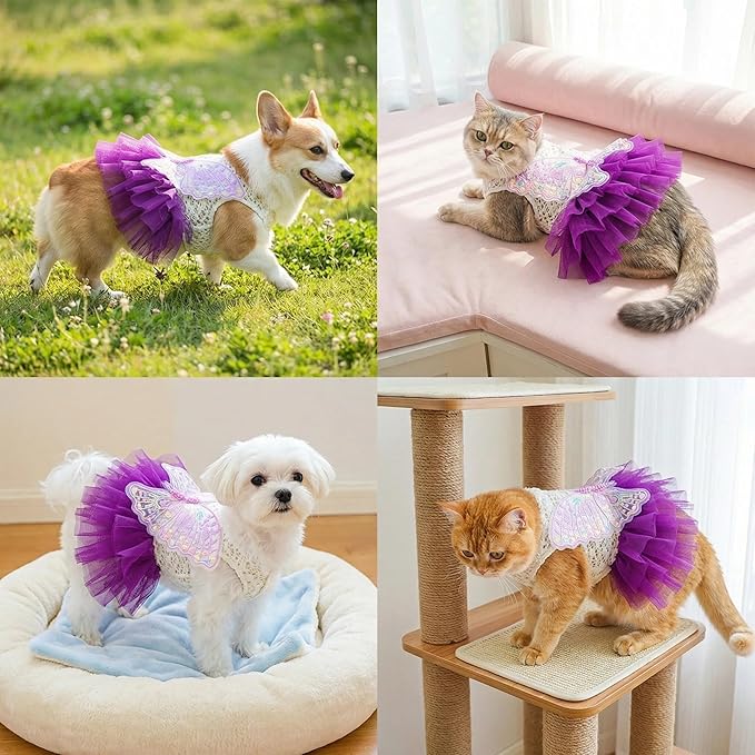 Dog Fairy Costume with Butterfly Wings, Cat Princess Dress for Small Dogs Girls, White Lace Knit Top and Purple Tulle Skirt, Fairy Wings for Dogs Halloween Outfit 8.3-10lbs (Purple,M)