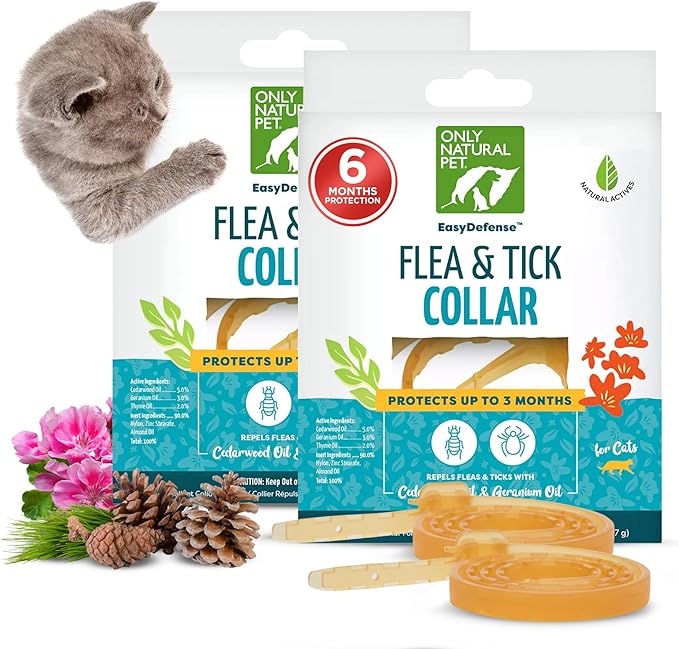 Only Natural Pet EasyDefense Flea & Tick Cat Collar - Feline Flea Collars Biting Insect Control - Pet Care that Protects up to 3 Months - for Cats (2 Pack)