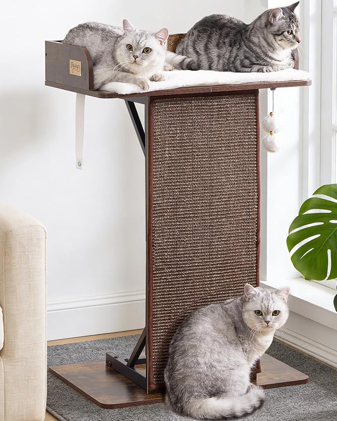Modern Wood Cat Tree Tower for Indoor Large Cats, 33.8-Inch Tall Wooden Cat Trees with Big Perch Bed, Cat Scratching Pads, Washable Cushions and Scratching Mat, Cat Furniture, Rustic Brown
