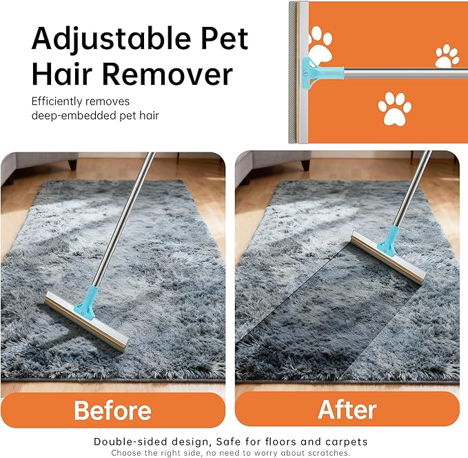 Carpet Rake for Pet Hair Removal Tool, 2 in 1 TPU and Copper Rake Teeth Uproot Clean Hair Remover with 63’’ Adjustable Long Handle,Reusable Cat & Dog Fur Broom for Carpets,Rugs, Mats