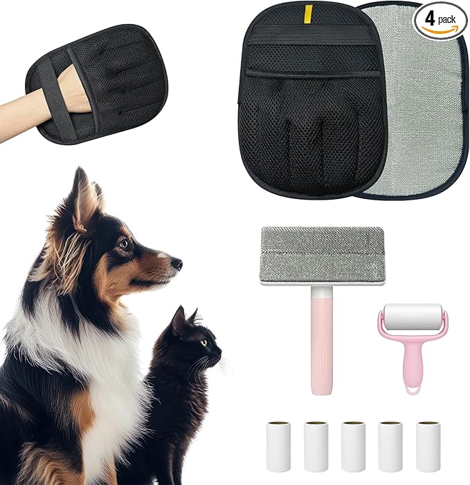 Pet Hair Removal Glove & Electrostatic Remover Set with Mini Lint Roller (180 Sheets) - Reusable Cleaning Tool for Sofa, Carpet, Cat Tree, Furniture, Car Seat and Clothes（3PCS）
