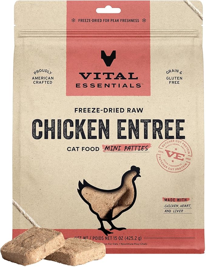 Vital Essentials Freeze Dried Cat Food, Raw Chicken Mini Patties | Complete Meal or Topper | Easy to Portion and Rehydrate | High Protein, Grain Free Dry Cat Food | 15 oz Bag