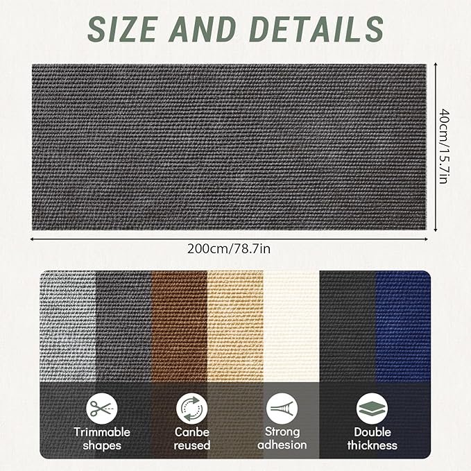 Cat Scratching Climbing Carpet Mat, Adhesive Trimmable Cat Scratcher Furniture Protector, Cat Post Covered Pad Replacement for DIY Cat Tree Shelf Steps Couch Corner Wall(Darkgrey,78.7x15.8In)