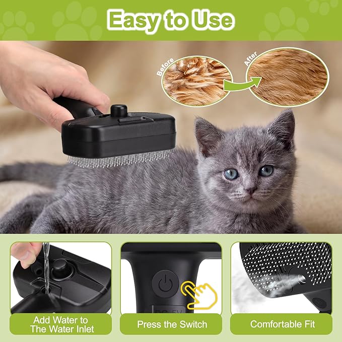 Pet Steam Brush, 3-in-1 Cat and Dog Grooming Brush for Shedding, Pet Hair Cleaning, Massage, Self Cleaning Spray Comb for Long and Short Hair (Black)
