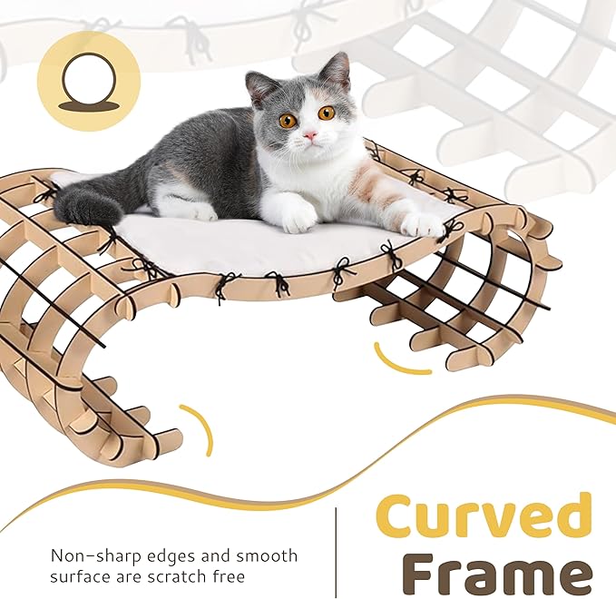 Plush Elevated Cat Bed with Removable Cushion - Solid Wood Arch Frame, Soft Washable Furry Hammock for Indoor Cats, Kittens & Small Dogs - Raised Pet Bed(Cat Furniture, Large/Small Cat Bed)