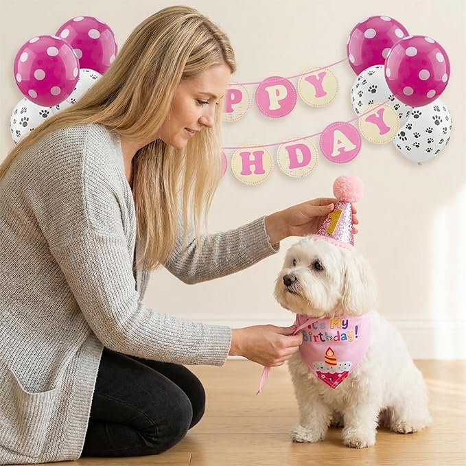 Dog Birthday Party Supplies with Bandana and Party Hat with Numbers, Happy Party Banner and Bollon for Small Middle Dogs Pink Birthday Girl Boy Scarf (Pink)