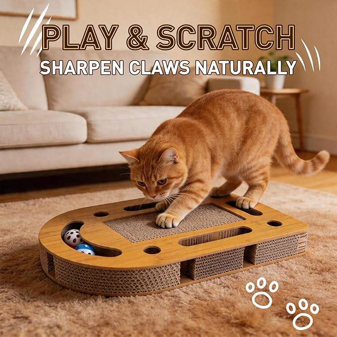 OHMU Cat Scratch Puzzle Enrichment Box, Cat Nail File Enrichment Box, Wooden Cat Puzzle Toy with Jingle Balls, Wands, Cleaning Brush for Indoor Cats