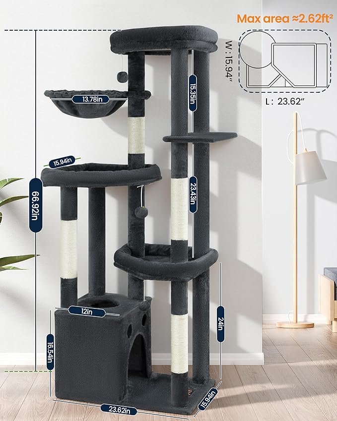 Multi-Level Cat Tree Tower for Indoor Cats, 67 inch Tall XL Heavy Duty Climbing Tower with 3 Large Platform, Scratching Post, Hammock, Kitty Condo for Multiple Cats, Extra Large Cat Trees, Dark Grey