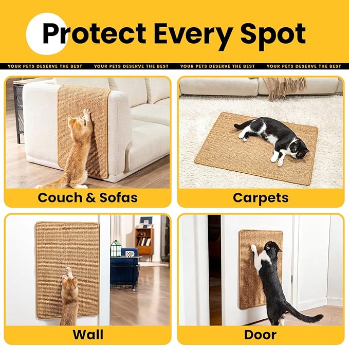 Conlun Cat Scratcher Mat,Sisal Cat Scratch Pad with Hook&Loop Tape,Wall Floor Kitten Scratching Pads Rug for Indoor,Furniture Protector for Couch&Carpets&Sofas,Kitty Bithday Gifts,Medium,Brown,2 Pack