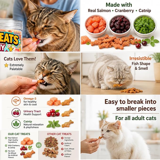 Salmon & Cranberry Cat Treats with D-Mannose - Urinary Tract Support for Indoor Cats, Crunchy Dental Health Snacks in 6oz Resealable Jar