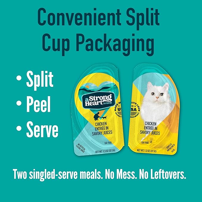 A Strong Heart Split Cup Wet Cat Food, Chicken Entree - 2.6 oz Split Cups, 20 Servings (Pack of 10), Made in The USA with Real Chicken