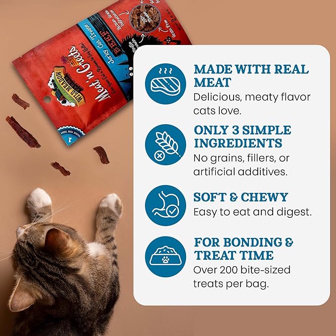 Cat Treats - Meat 'N Greets - Soft Jerky Treats with Real Meat, High Protein, Grain-Free, Perfect for Training & Rewarding, All Natural Snacks for Cats - Beef Flavor