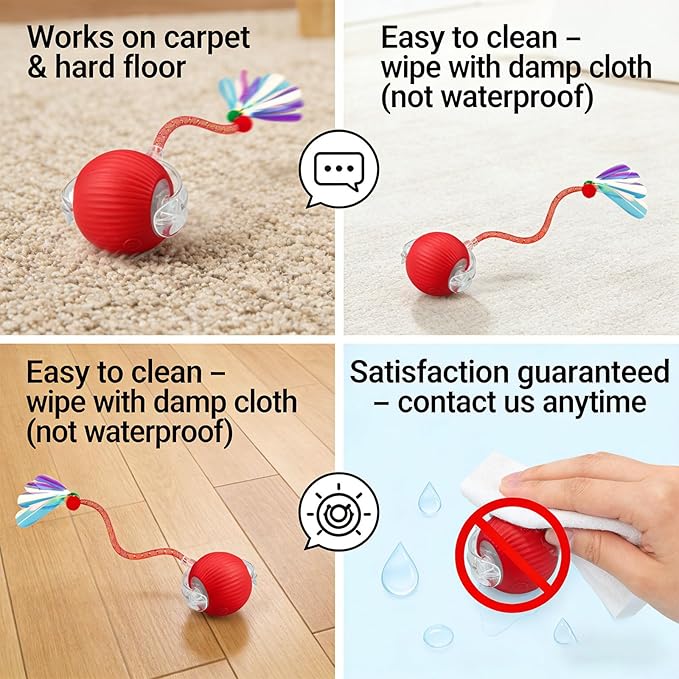 Speedy Tail 2.0 Cat Toy – 2 Replaceable Tails, Controllable Chirping, Motion Activated Rolling Ball, USB Rechargeable – Enrichment & Exercise for Bored Indoor Cats, Kittens (Red)