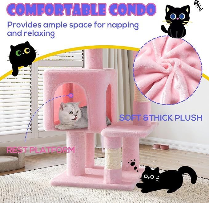 SHA CERLIN 29in Cat Tree for Indoor Cats, Multi-Level Cat Tower with Large Perch, Cozy Condo, Playful Toy Balls, Sisal Scratching Posts, Stable Pet Furniture Activity Center, Space-Saving, Pink