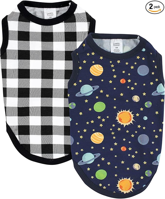 Luvable Friends Dog Pet Dog and Cats Cotton T-Shirts 2pk, Space Plaid, Small