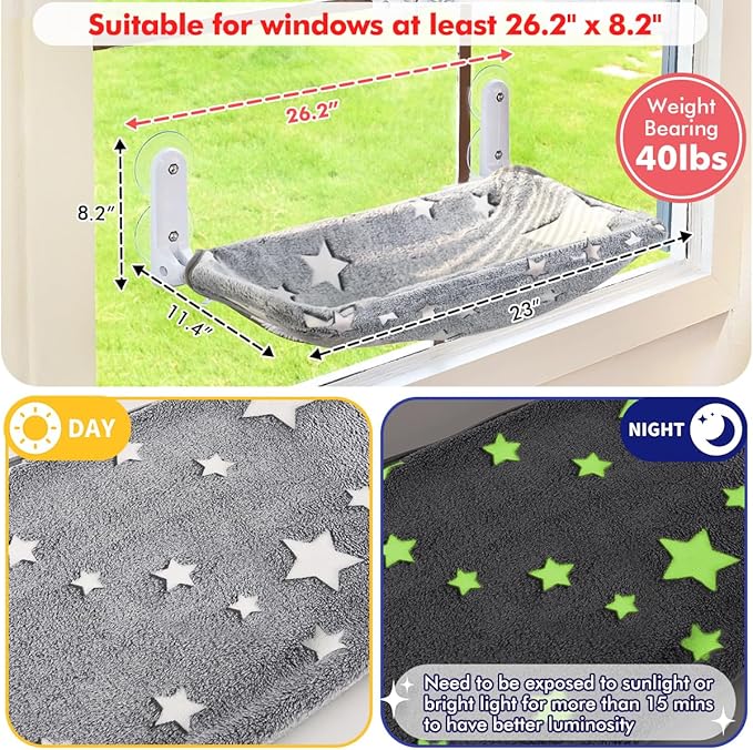 Zoratoo Cat Window Perch, Glow in The Dark Cordless Foldable Pet Hammock Bed for Window with Sturdy Metal Frame, Glowing Stars Pattern Resting Seat for Indoor Cats (Stars - L)