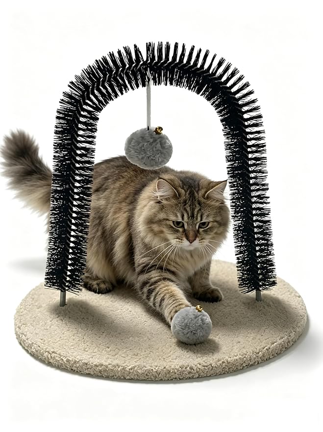 Cat Arch Grooming Brush, Self Groomer wtih Solid Wood Scratching Pad Rubbing Post & Toy with bell Pet Scratchers Fur Massager Cat Face Head Self Grooming Brush for Kittens Small Cats