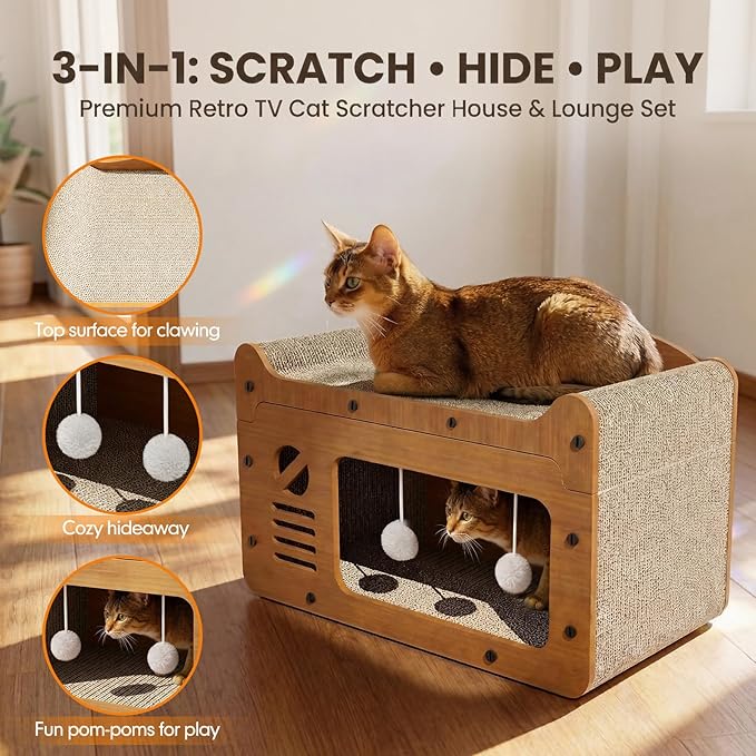 2-in-1 Cat Scratcher House, Retro TV Shaped Cat Condo with Sofa Top, Durable Cardboard Cat Scratching Board for Indoor Cats, Light Oak Style, 22x12x12in