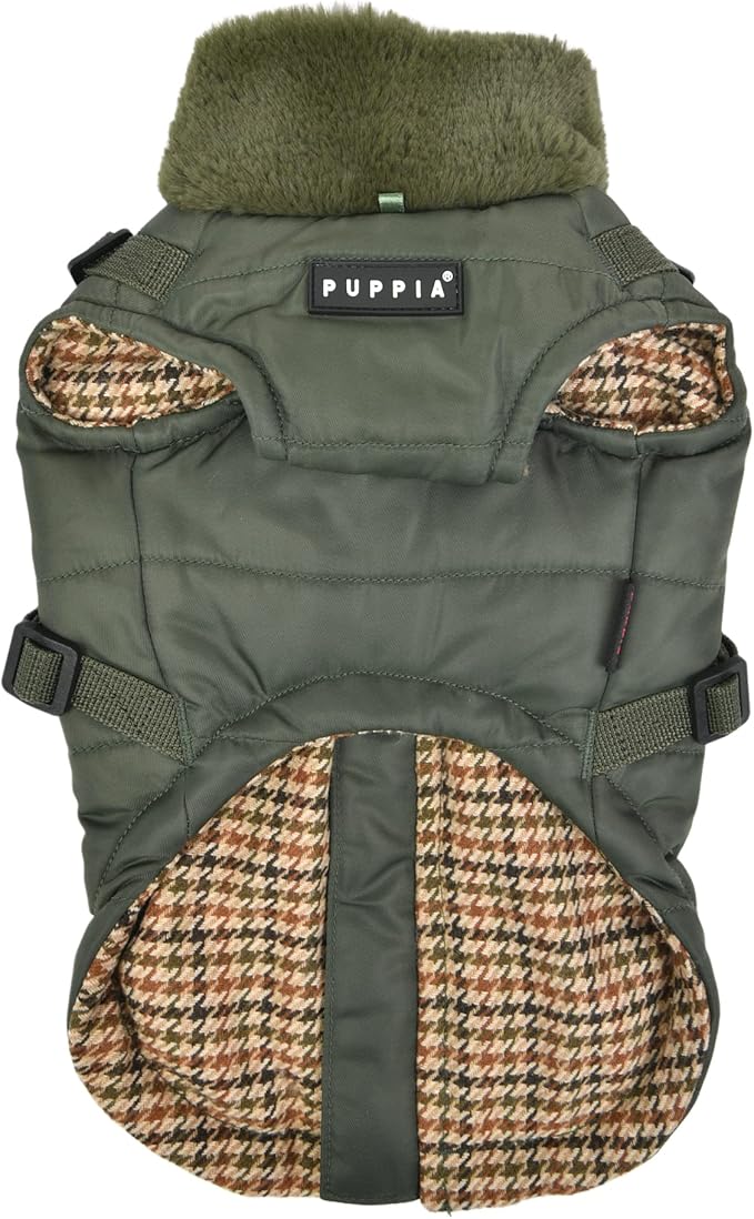 Puppia Donavan Winter Dog Coat with Integrated Harness No Pull Cold Weather Waterproof Warm Fleece Back Zipper for Small & Medium Dog, Khaki, Large