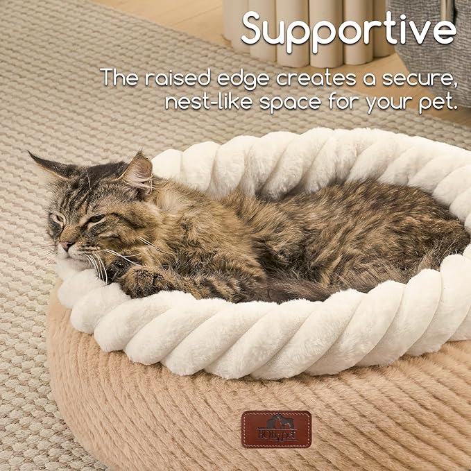 Hollypet Cat Bed for Indoor Cats Kitty Beds, Round Washable Fluffy Small Dog Bed, Soft Cozy Plush Pet Beds for Puppy and Kitten with Non-Slip Bottom (20" D * 8" Th, Oatmeal)