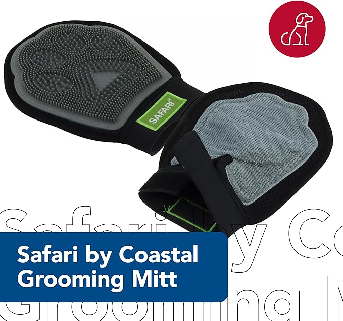 Coastal Pet Safari Grooming Mitt - Gentle Alternative to Pet Brushes for Wet & Dry Grooming - Mitt with Rubber Tips to Trap Hair & Fur - Black & Gray, One Size