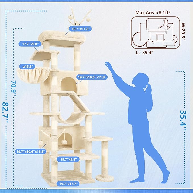 Hey-brother Cat Tree Tower, Sturdy Multi-Level Scratching Posts with Extra Supporting Part, 5 Teaser Toys, 2 Condos, Large Bed, Hammock, Scratch Baord for Indoor Cats, 82.7 Inches, Beige MPJ082M