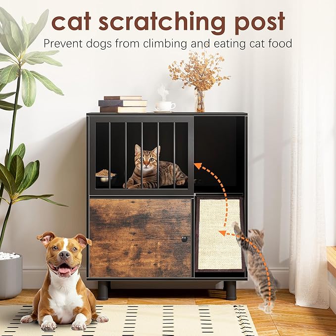 Cat Feeding Station with Scratching Board, Pet Feeder Station for Feeding & Watering Supplies, Cat Food Toy Storage Cabinet Storage Container, End Table Side Table, Black+Vintage