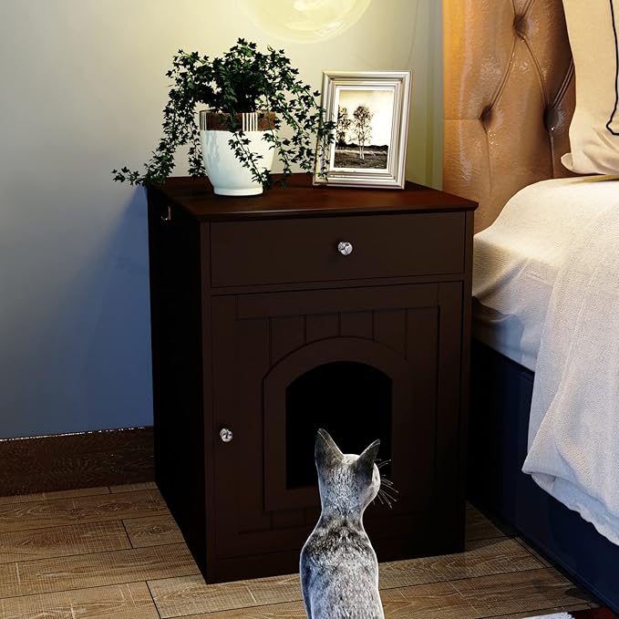 Wooden Cat Litter Box Cabinet with Drawer Hidden Pet House, Sofa Side Table, Indoor Pet Cage Storage Cabinet, Cat Hidden Cave Furniture for Living Room, Bedroom (Brown, 25 inches)