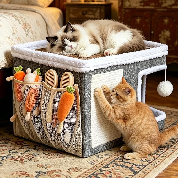Foldable Cat Cave Bed for Indoor Cats, Cat Hideaway House with Hanging Fluffy Ball & Scratch Pad, Side with Toy Storage and Summer Cooling Mat, 16.14x16.14x12.2 Inches, Grey