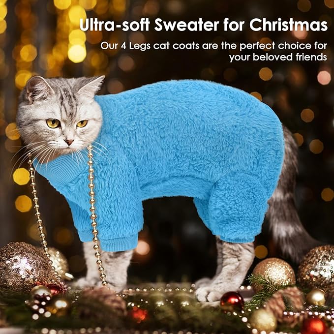 Sphynx Hairless Cat Sweater, Full Body Warm Fleece Sweaters with Sleeves for Cats, Soft Turtleneck Cat Clothes, Cozy Pullover Pajamas for Hairless Cats Devon, Donskoy & Small Dogs, Blue M