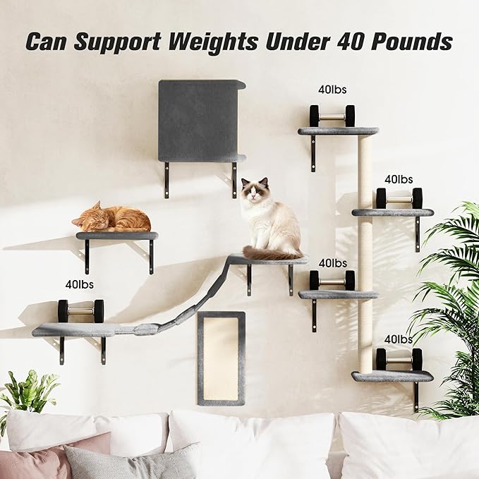 COZIWOW 5-Piece Cat Tree Set with Wall Mounted Cat Shelves, Cat Scratching Post & Cat Wall Furniture, Multi-Functional Indoor Cat Jungle Gym, Essential for Cat Room, Suitable for Large Cats(Grey)